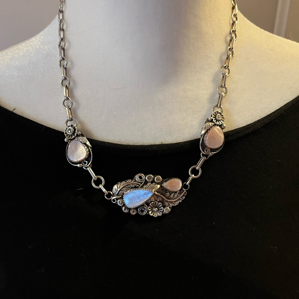 Sterling silver hand made pink mother of pearl Native American necklace